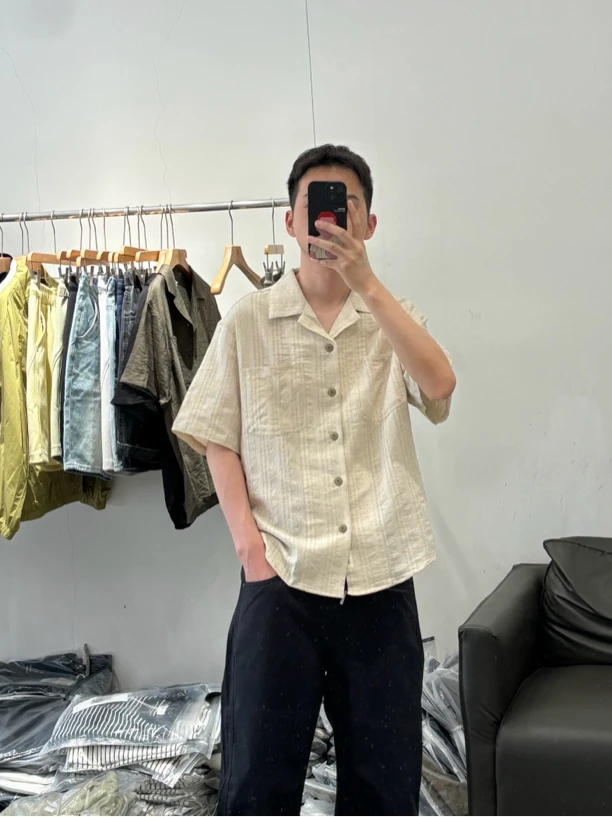 男士夏季高品质棉麻休闲百搭短袖衬衫7668