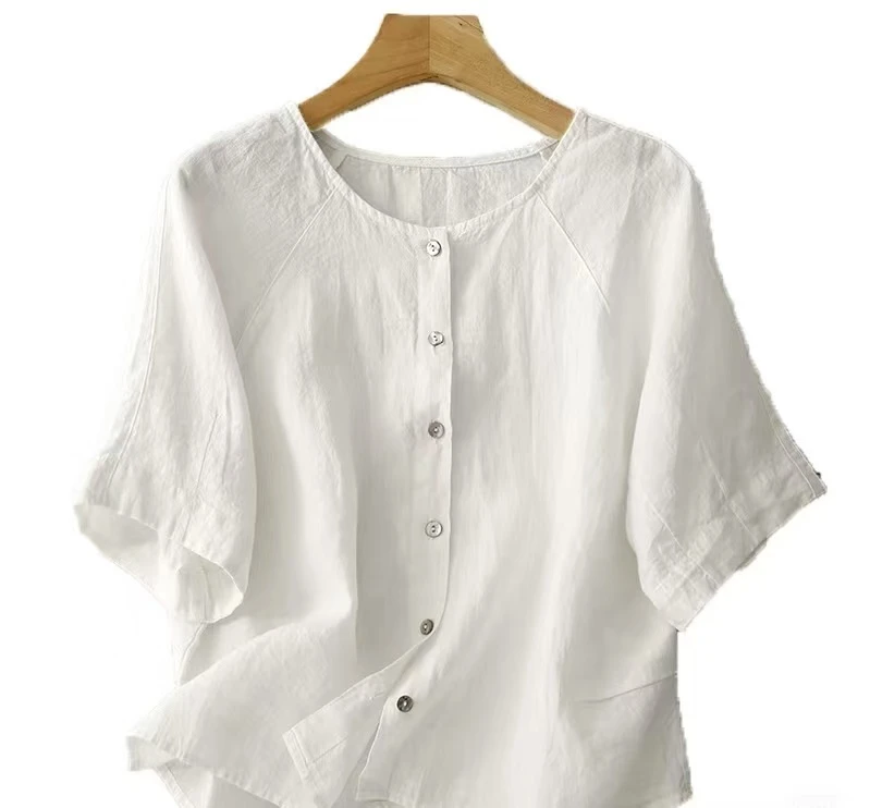 夏季文艺复古蓝麻衬衫衬衣显瘦宽松短袖女装圆领衬衫