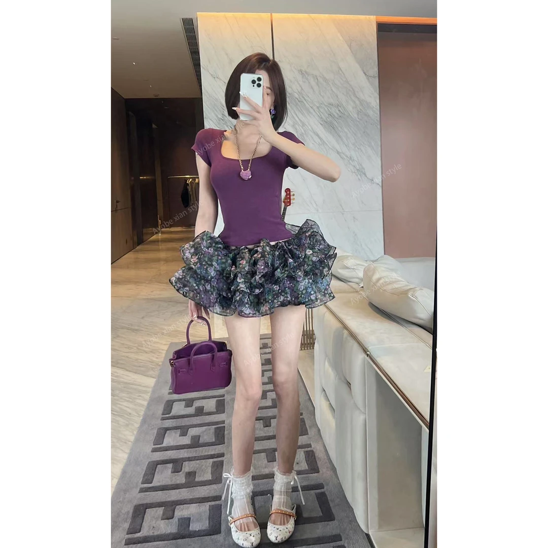 【Ayobe】淡香鸢尾~重工碎花芭蕾风蓬蓬花苞蛋糕裙夏季显瘦半身短裙