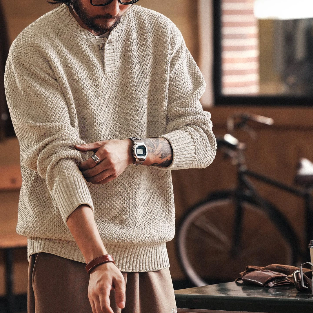 格蓝鹿美式重磅亨利领粗针毛衣男秋冬款老钱风加厚保暖硬汉针织衫