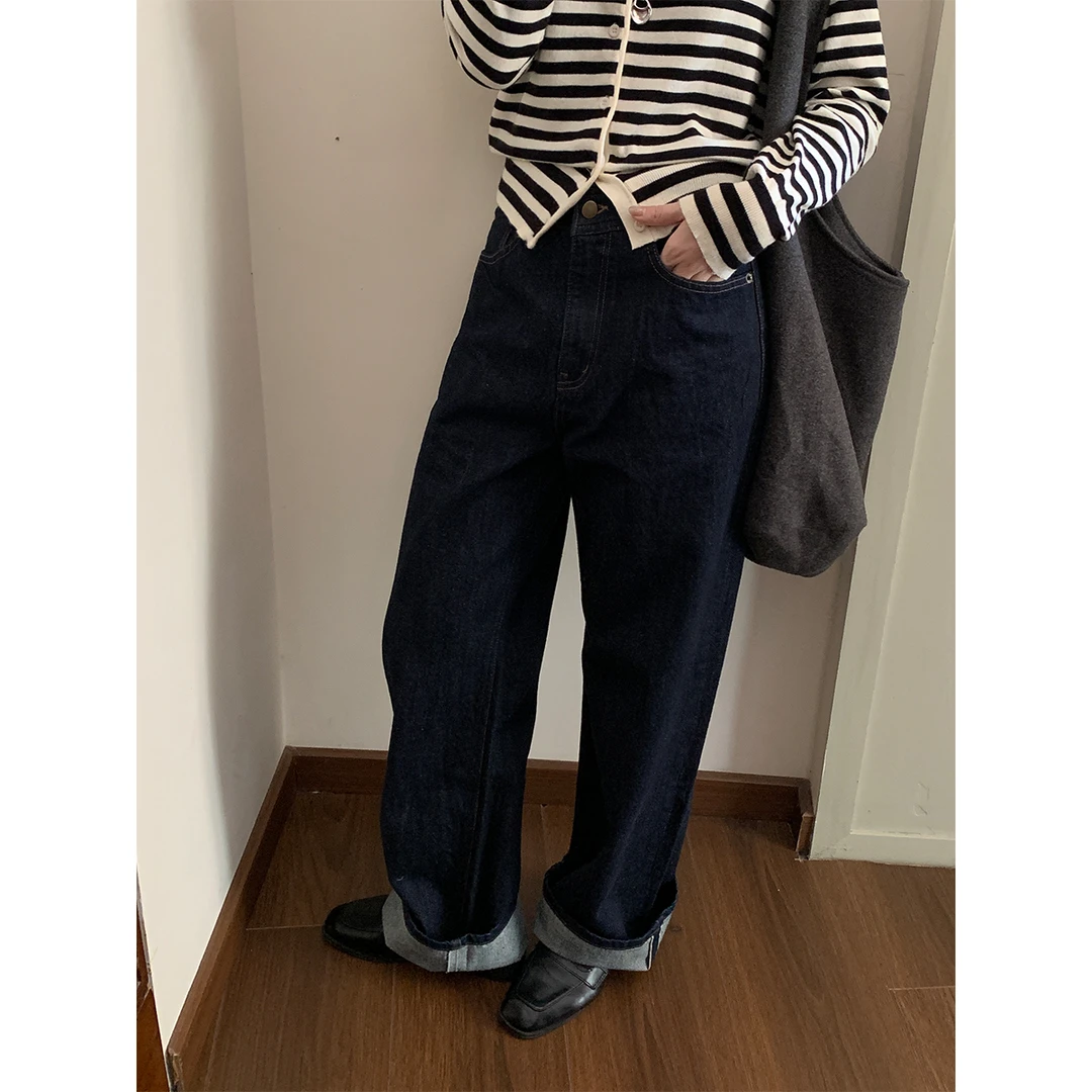 Miss sumey#1350自制复古原牛色百搭韩国高腰卷边阔腿显瘦牛仔裤