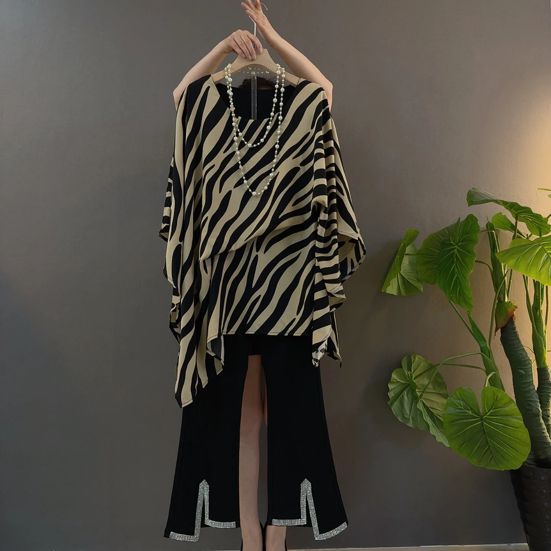 中长衫短袖夏季A字雪纺大码衫圆领拼接X型常规衣长70