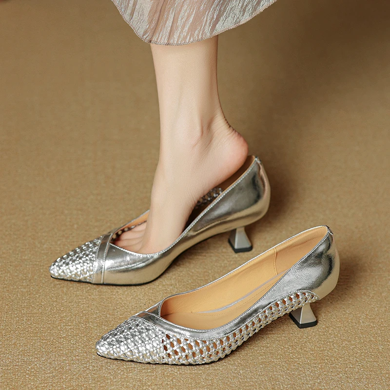 5cm夏季百搭镂空透气高跟鞋银色细跟尖头单鞋真皮时尚编织女鞋子