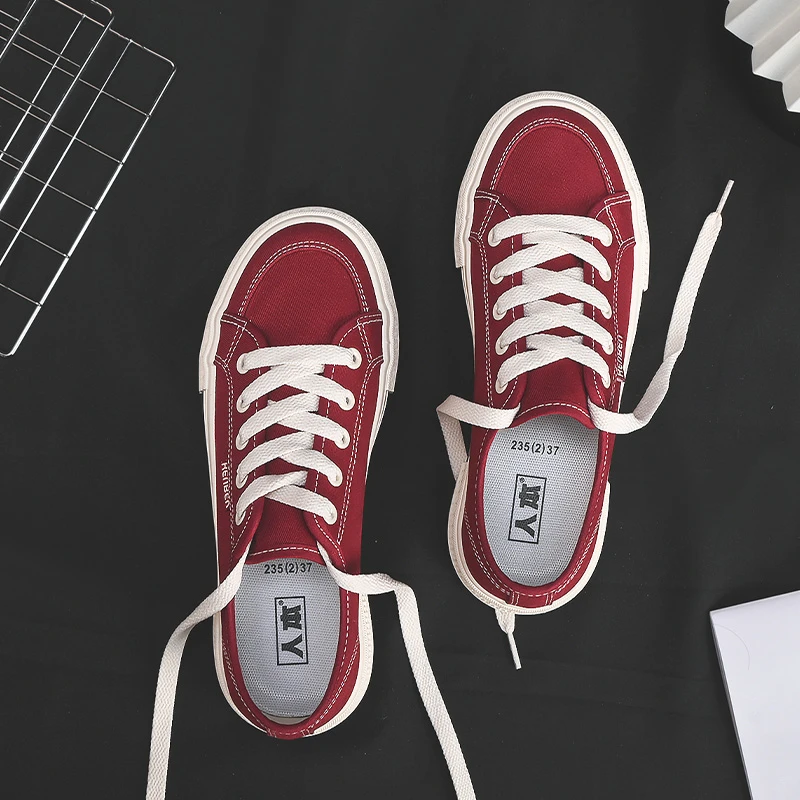 人本红色帆布鞋女2025春季新款轻便透气舒适厚底运动休闲经典板鞋