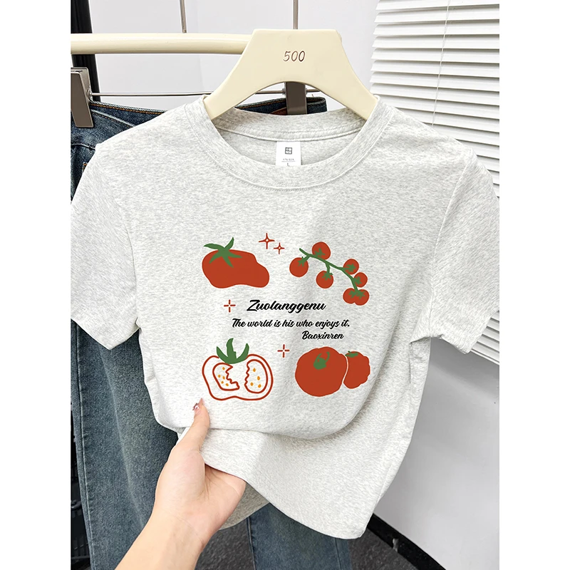 韩版chic番茄印花设计感正肩短袖t恤女洋气大码休闲百搭圆领上衣