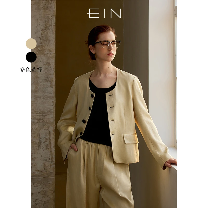 EIN/言松弛感老钱风流光亚麻苎麻深U领通勤短西装外套早春新款