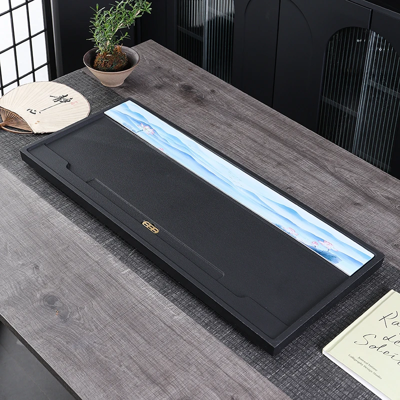 乌金石大号茶盘办公室家用轻奢现代高级泡茶台功夫茶具天然岩板