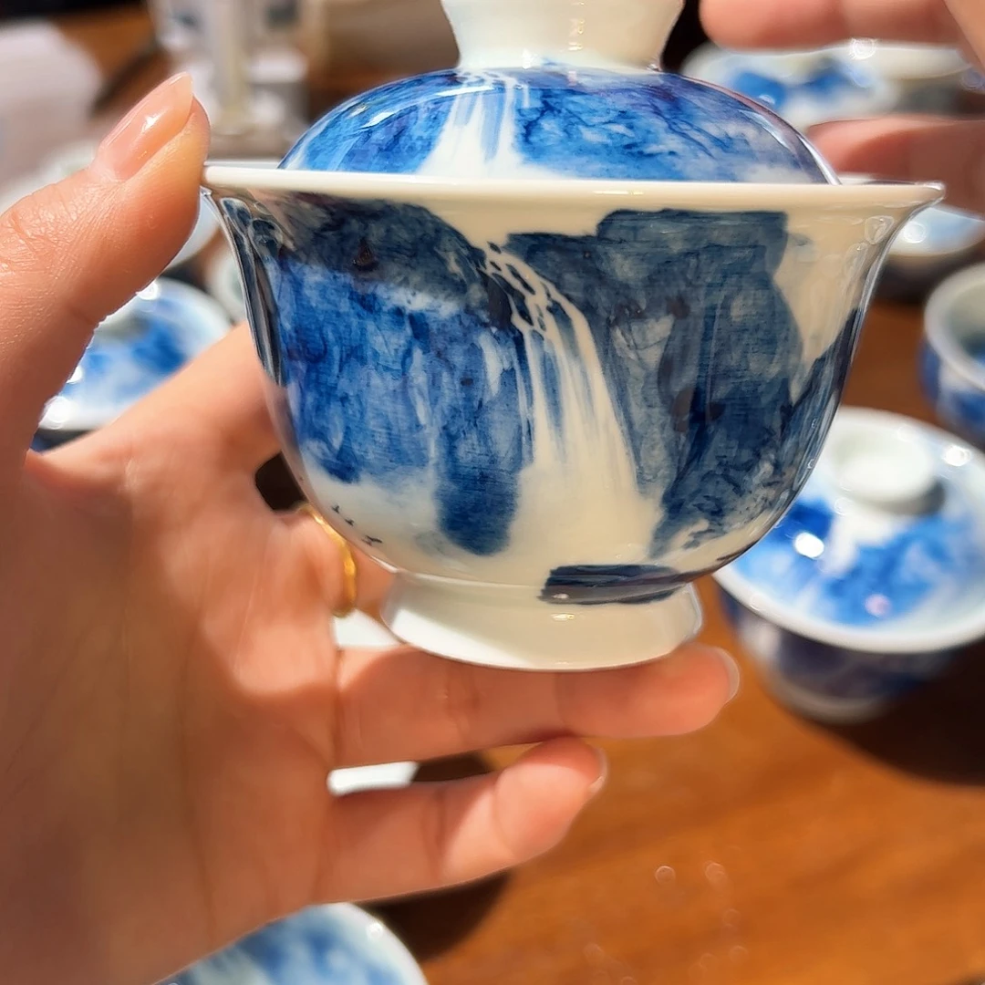 杯若****山青花手绘山水盖碗