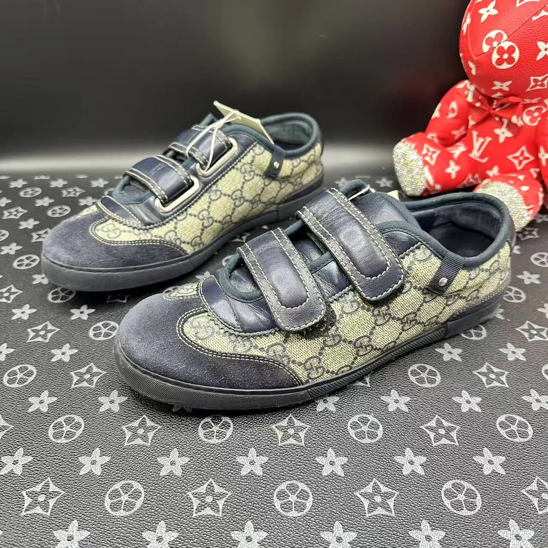 95新 GUCCI/古驰 男士时尚藏蓝色魔术贴板鞋38.5/41.5欧码ddm2482