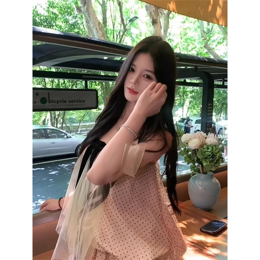 【甜美穿搭】波点无袖吊带裙子女夏日法式性感辣妹露背显瘦时尚短裙