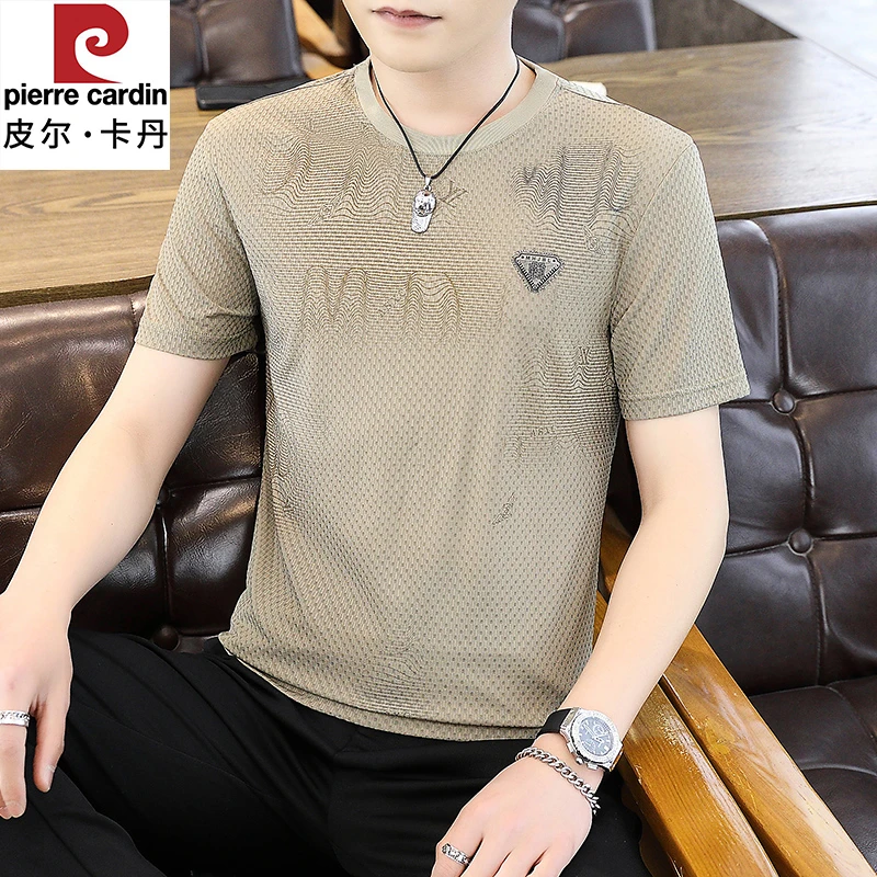 皮尔卡丹男士冰丝短袖T恤夏季圆领宽松潮流休闲百搭打底衫上衣服