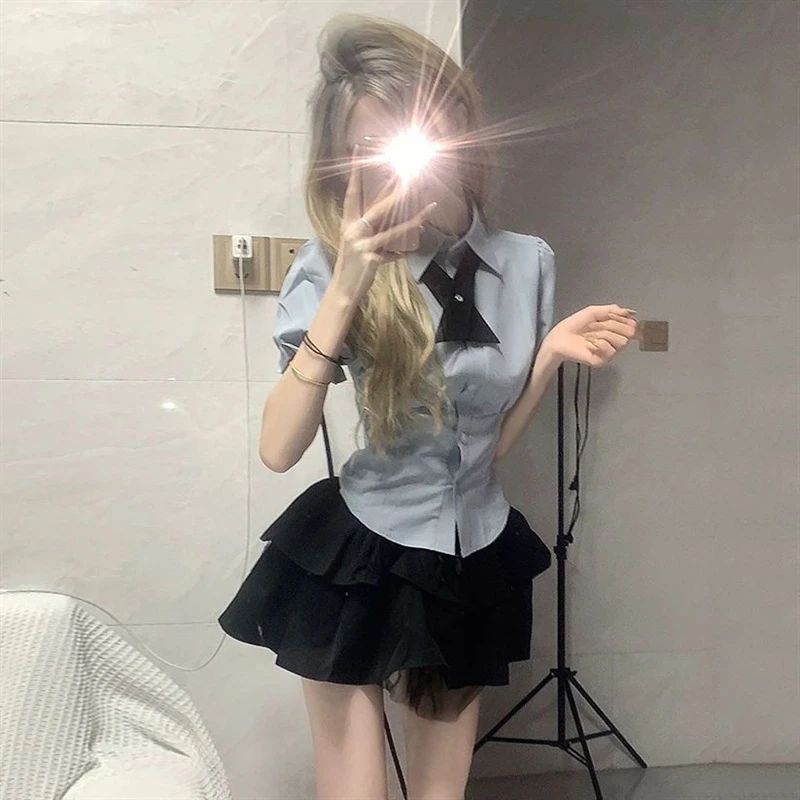 日系学院风JK制服套装女收腰显瘦泡泡袖短袖衬衫+高腰蓬蓬蛋糕裙