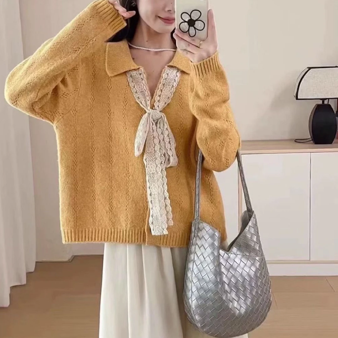 设计感气质系带蝴蝶结V领混纺毛衣开衫洋气减龄针织衫