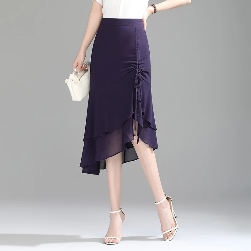 雪纺鱼尾裙垂感女士显瘦半身裙夏季设计感不规则包裙高腰一步长裙