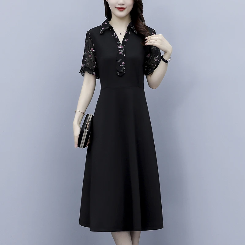 2025大码女装胖mm碎花拼接洋气收腰显瘦遮肚短袖中年妈妈连衣裙时