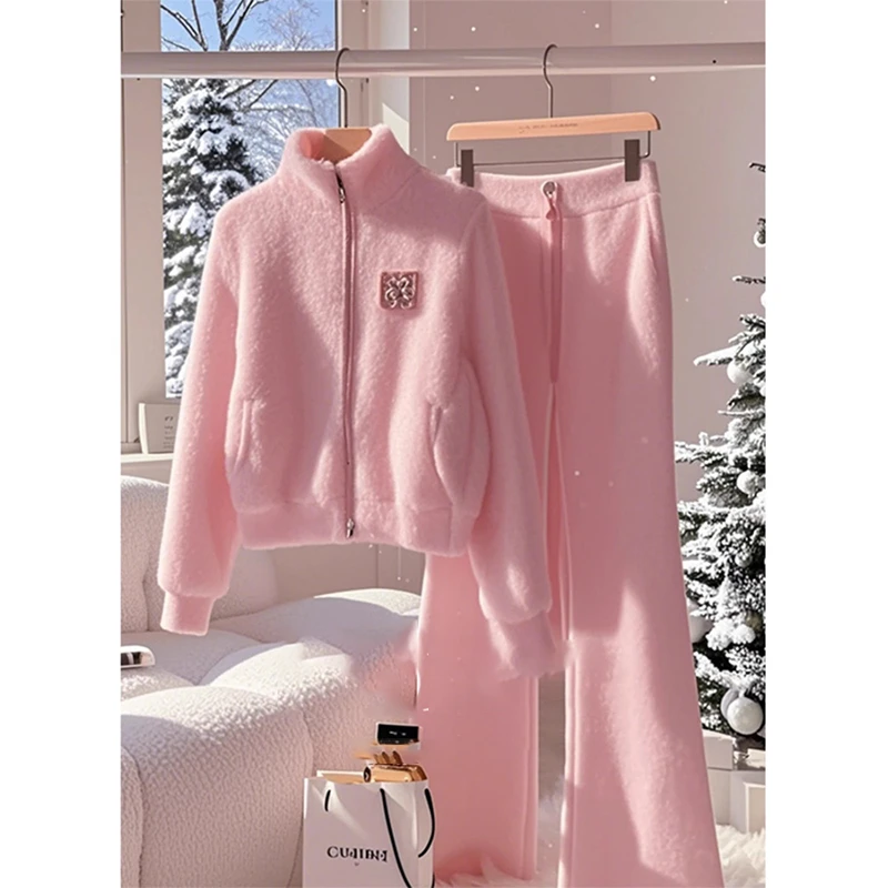 【现货】一整套秋冬季温柔系穿搭小香风粉色毛衣针织裤子休闲套装女