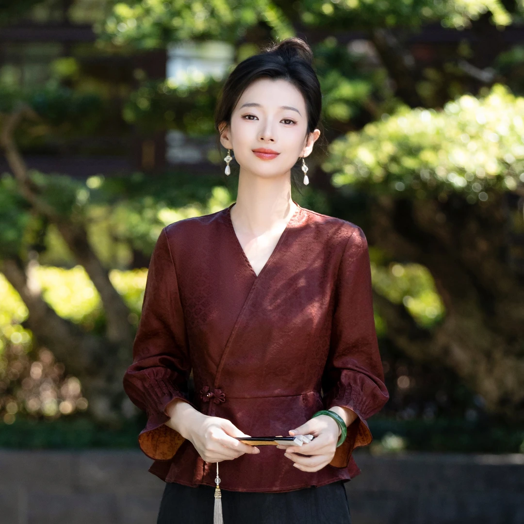 西子/【红莨旧梦】23姆米非遗红云纱重磅桑蚕丝V领红色上衣/SYTJ306