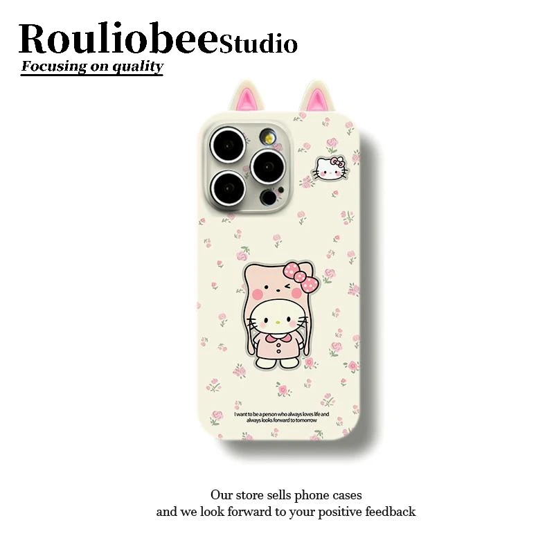 BANCA满屏小花粉KT猫耳公仔适用iphone16手机壳华为oppo小米vivo
