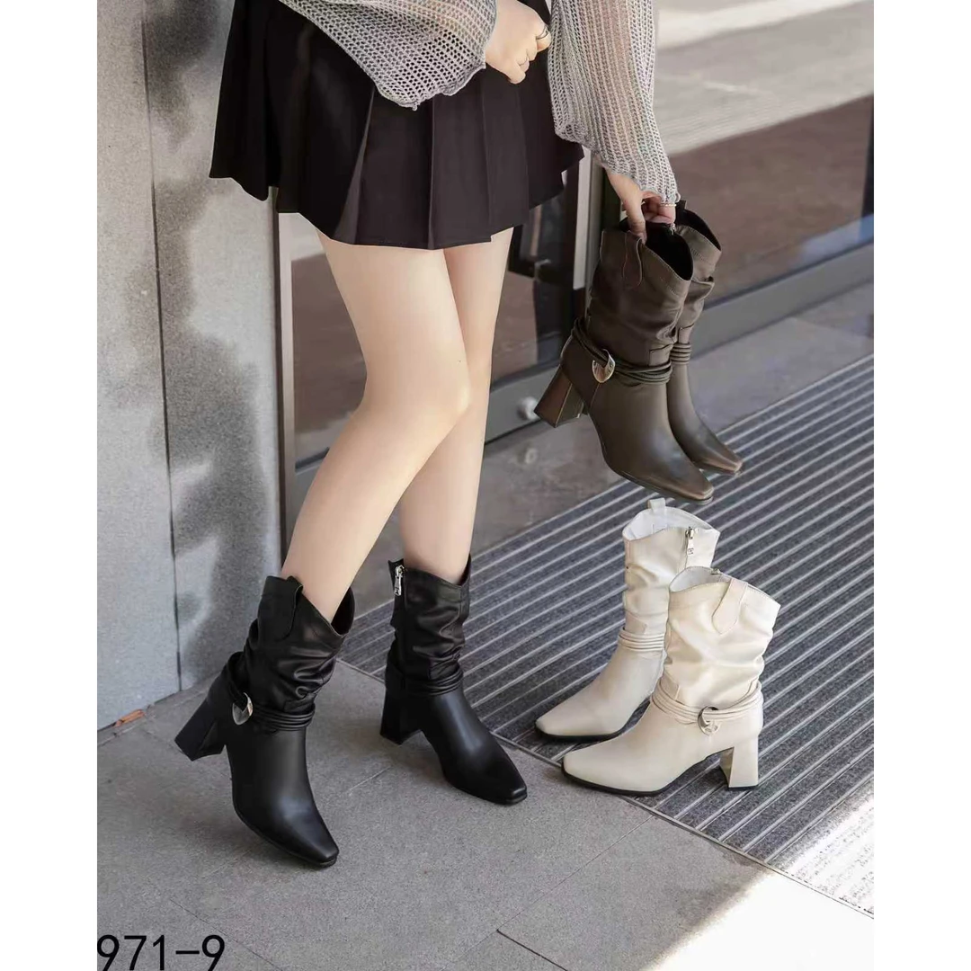 方头粗跟短靴女2025秋冬新款中跟堆堆靴气质百搭时尚时装靴971-9