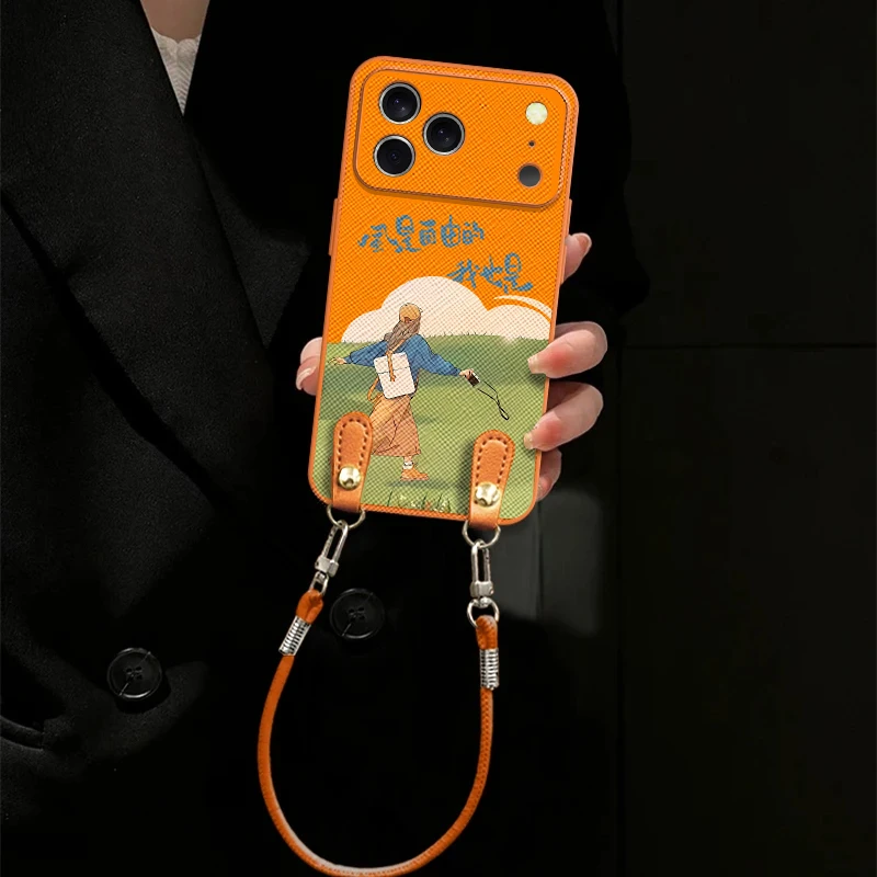 自由女孩适用苹果vivo华为oppo小米iPhone17金属漆橙十字纹手机壳