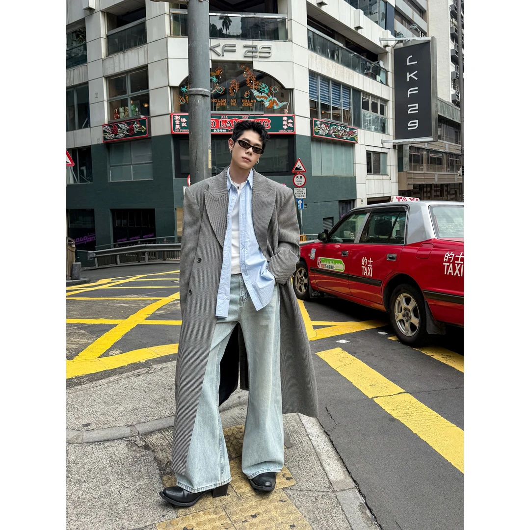 DBW Doublewin经典重现 千鸟格长款风衣外套男复古高级感挺阔大衣