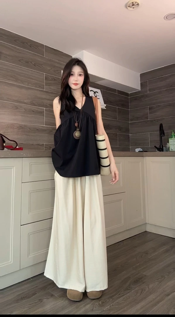 今日特价清）十三行欧货韩版麻料克莱因蓝高腰大阔腿慵懒九分裤裙