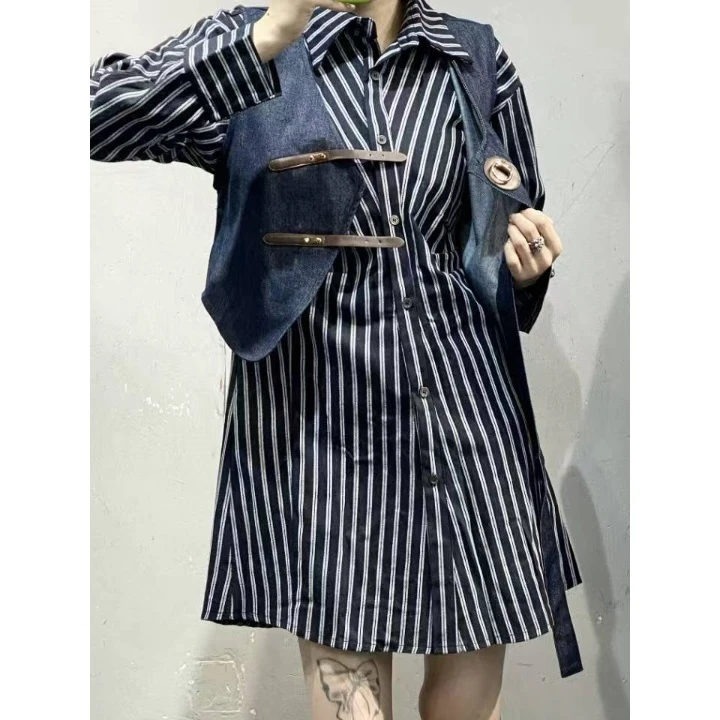 姗蔓高端定制/8511翻领条纹气质设计感两件套
