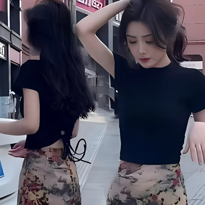 系带百搭上衣女2025夏季时尚洋气搭配打底衫新款气质显瘦短袖T恤