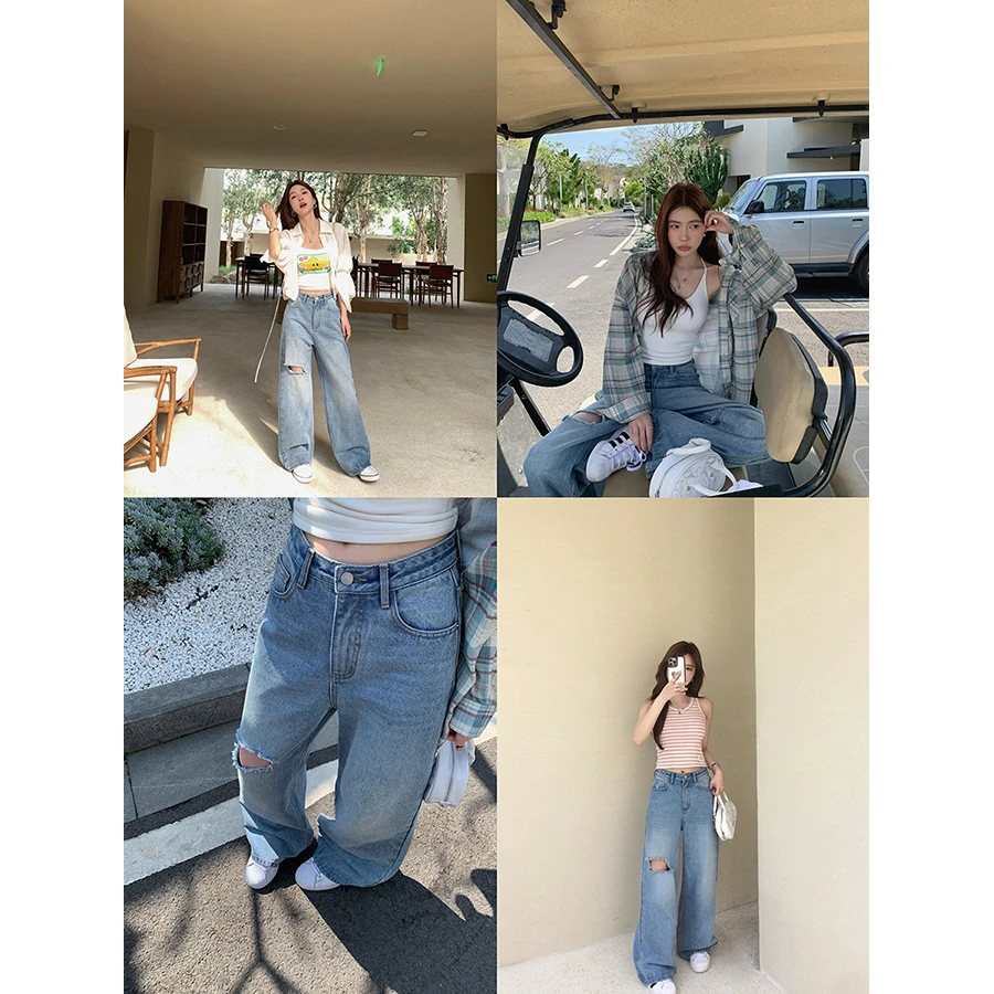 张贝贝 罗萨街区 环保水洗重工做旧破洞旧直筒裤