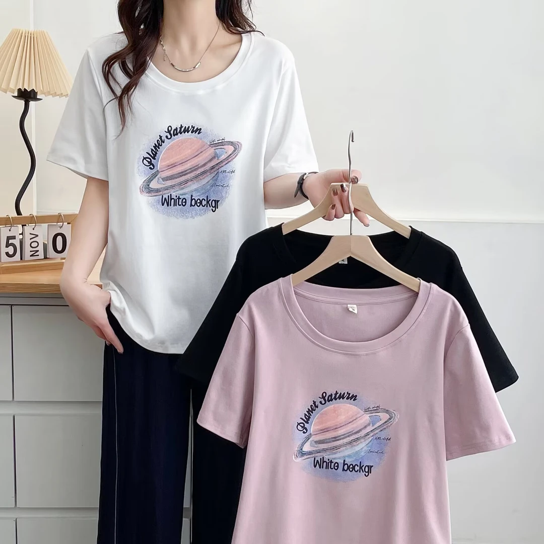 YueBeiLa/月贝拉大码休闲百搭圆领短袖T恤星球印花宽松显瘦半袖女