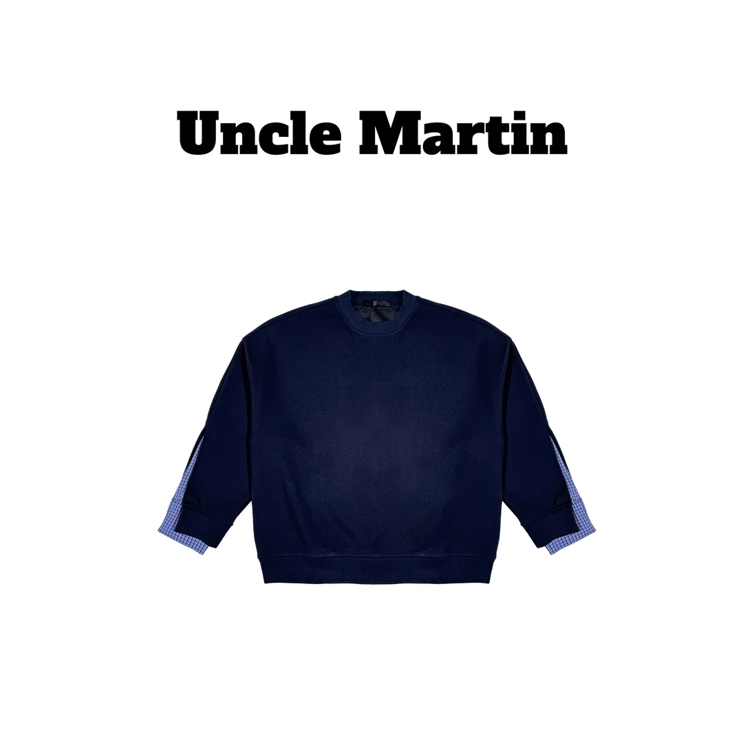 马丁叔叔 经典秋冬黑色拼接圆领印花上衣打底长袖