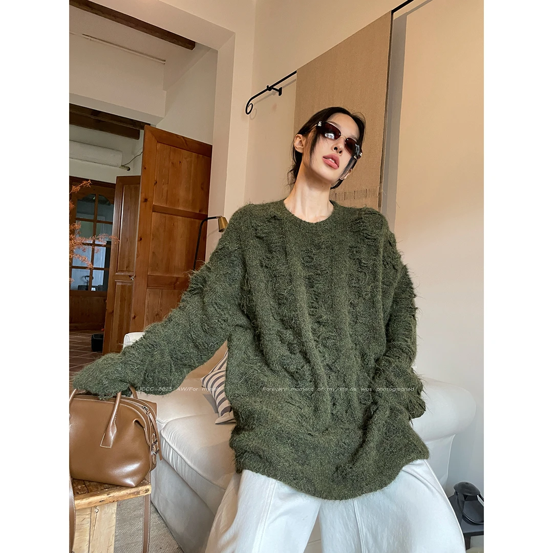 JCCC影子【苔藓染冬】橄榄绿慵懒宽松显白针织套头毛衣JE5HBS12