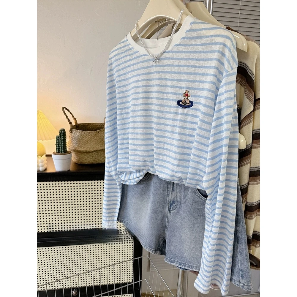 O防晒罩衫慵懒风宽松条纹长袖T恤女夏季新款刺绣百搭休闲薄款上衣
