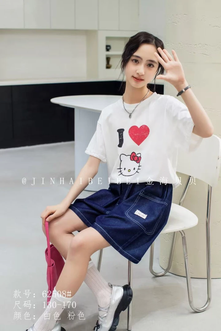 女童中大童短袖牛仔裤套装