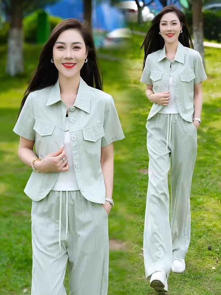 时尚套装女夏季新款洋气薄款短袖上衣阔腿裤宽松显瘦穿搭一整套潮