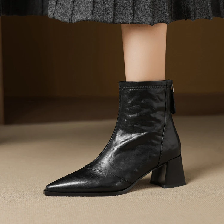 里外纯皮～牛皮5.5cm尖头高跟短靴复古百搭时尚马丁靴粗跟女时装靴