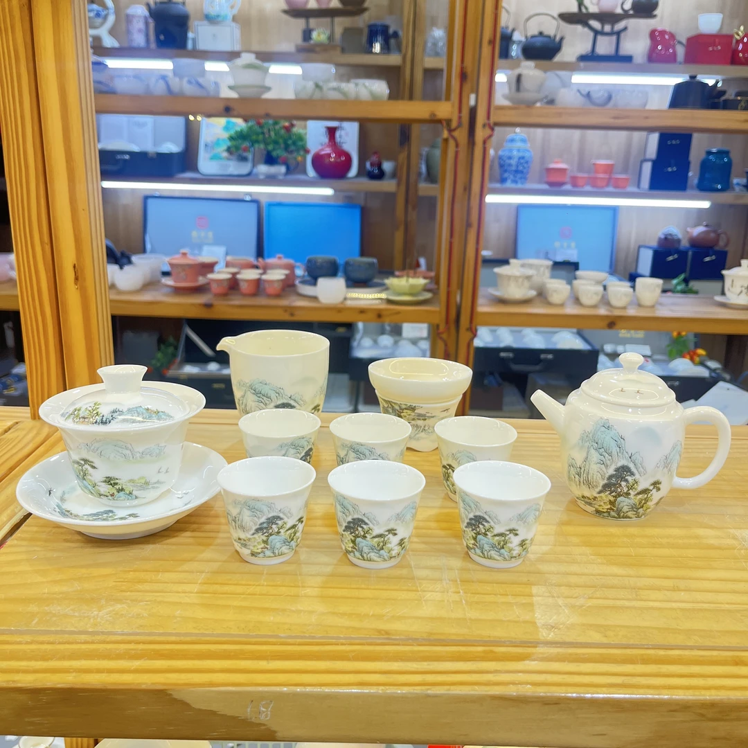 晟翔羊脂玉瓷茶具套装—富春山居图盖碗加茶壶11头