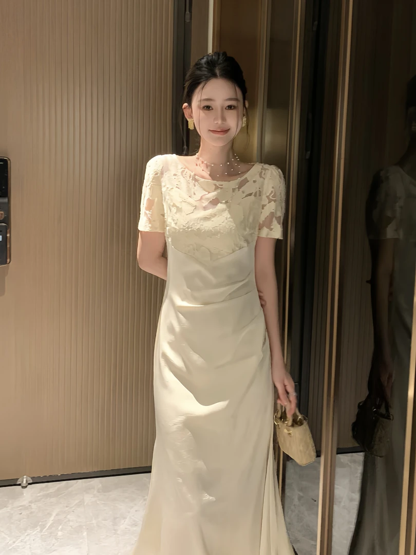 【浅杏轻烟】优雅气质修身显瘦连衣裙小众设计感长裙L39392