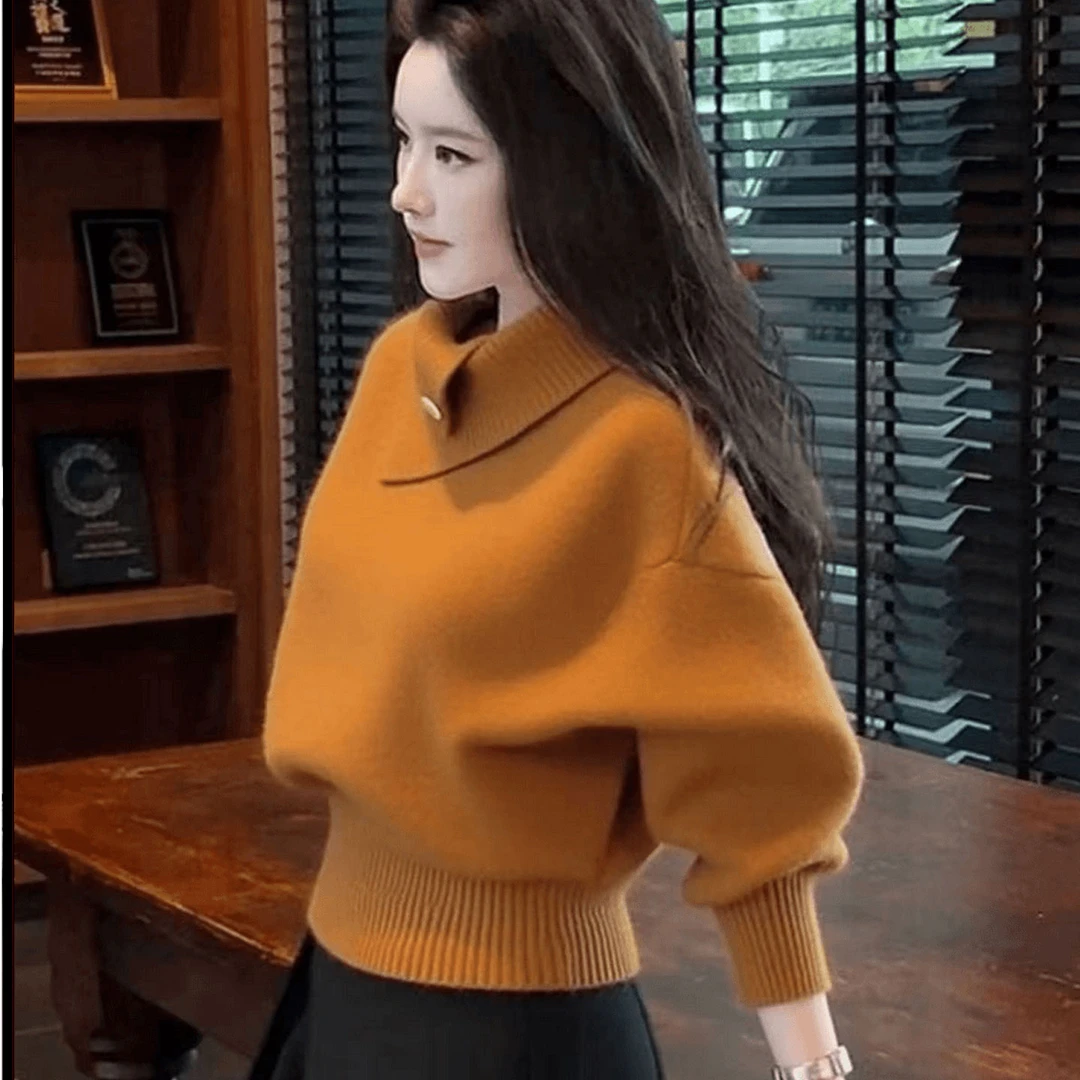 法式橘色翻领套头毛衣女秋冬季新款慵懒风软糯加厚保暖针织衫上衣