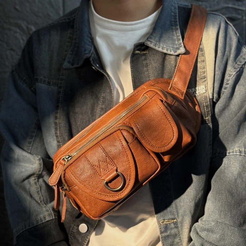 慢时光复古植鞣皮胸包头层牛皮手工擦色背包休闲单肩斜挎男包腰包