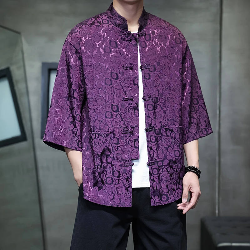 夏季新款男士七分袖衬衫复古中式唐装衬衣休闲百搭寸衫男提花薄款