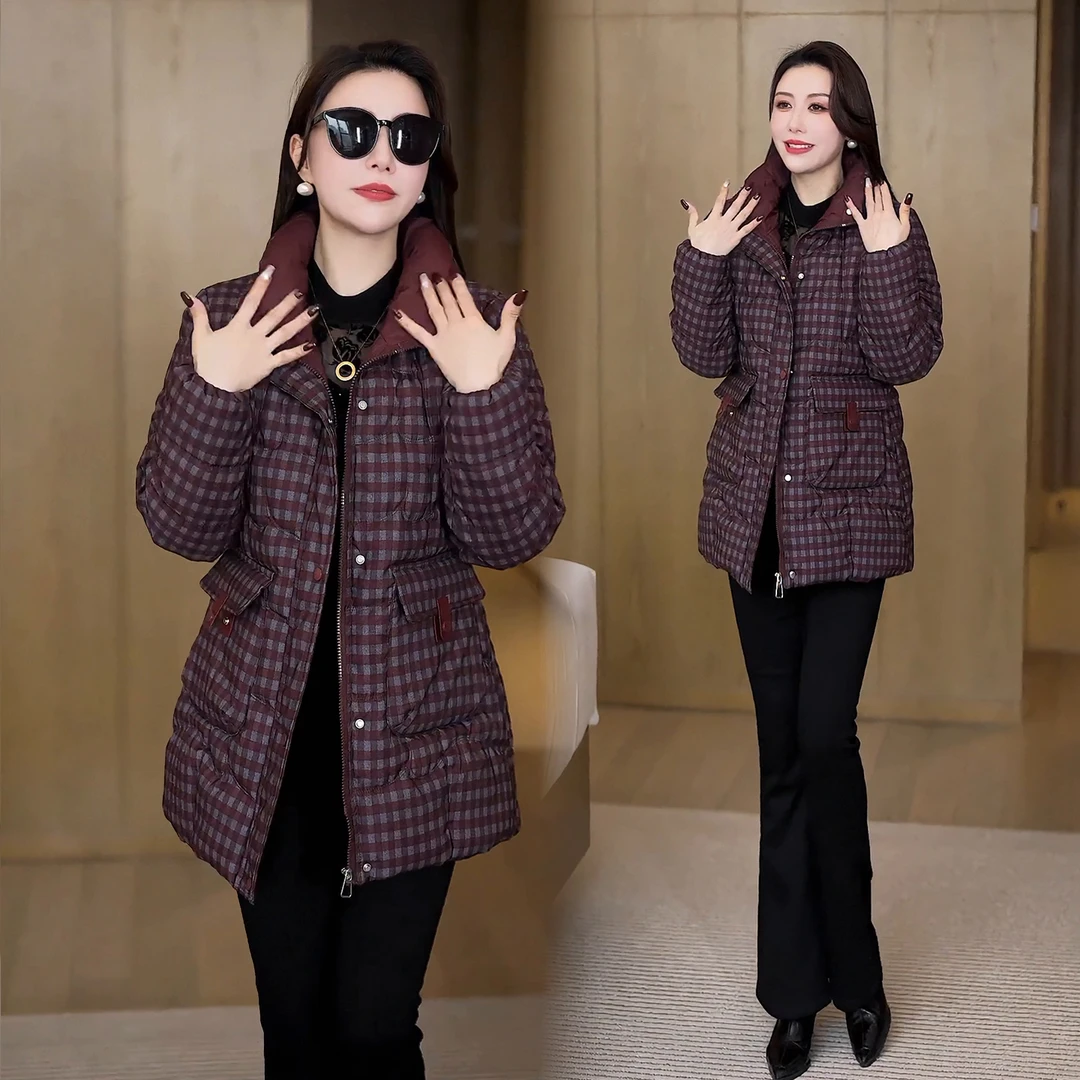 时尚加绒加厚格子棉服女2025冬季新款中长款显瘦棉袄保暖棉衣外套