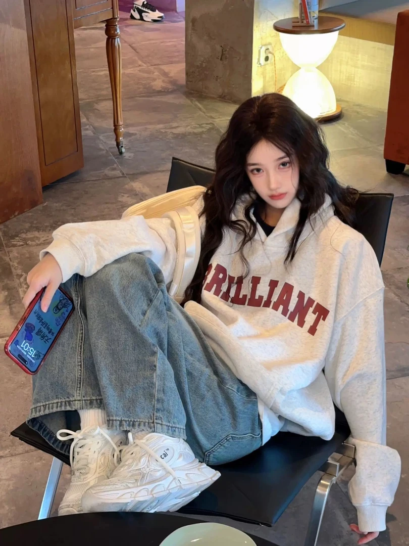 春季百搭花灰色连帽卫衣女外套美式休闲复古宽松时尚ins