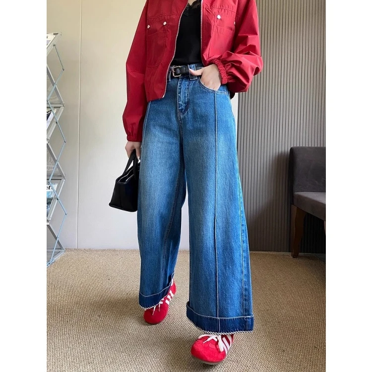 百搭卷边阔腿牛仔裤女2025秋季新款设计感高腰显瘦宽松直筒九分裤