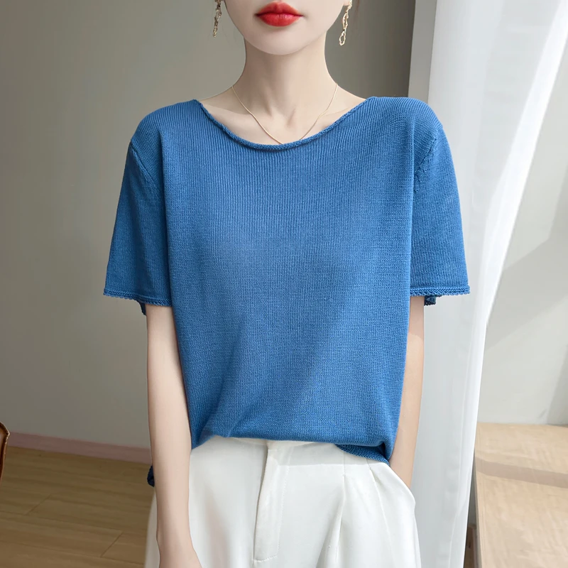 夏季新款冰丝亚麻圆领卷边针织短袖宽松显瘦纯色女针织上衣