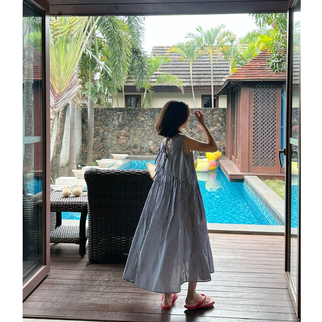 【告别诗】夏季复古纯棉黑白小格子连衣裙无袖背心裙宽松连衣裙