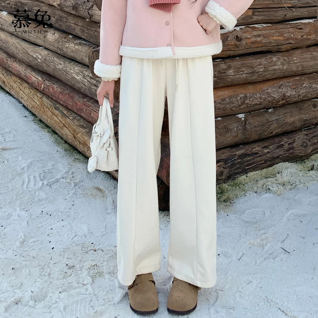 慕兔小个子加绒加厚阔腿休闲裤女2025冬季新款高腰显瘦直筒长裤子