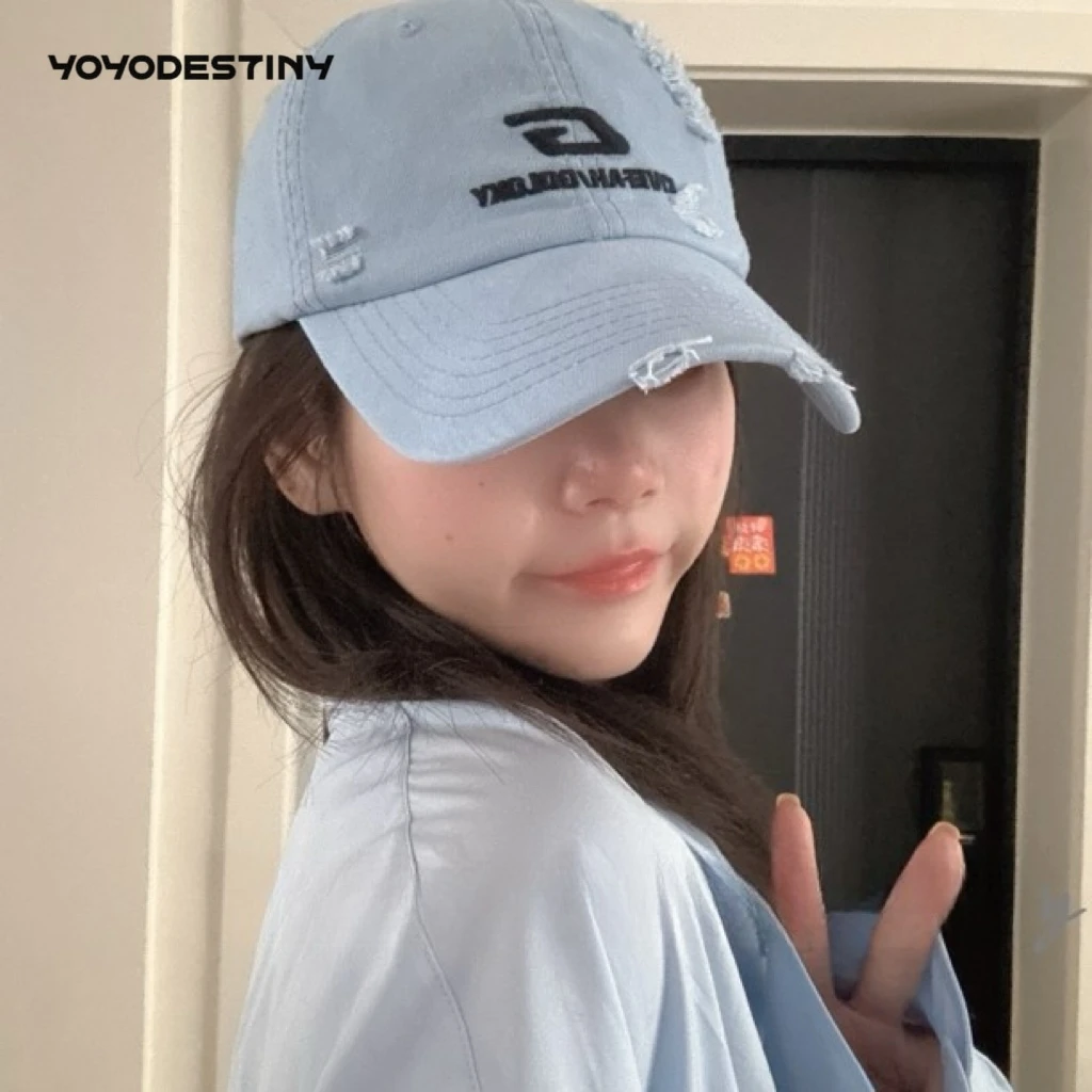 大G破洞显脸小的棒球帽大帽檐鸭舌帽百搭休闲软顶美式字母刺绣