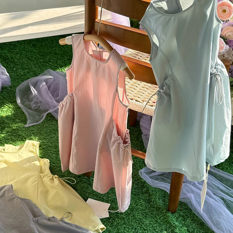 【橘子家】女童纯色户外速干棉布裙夏季新款无袖口袋连衣裙HS62425