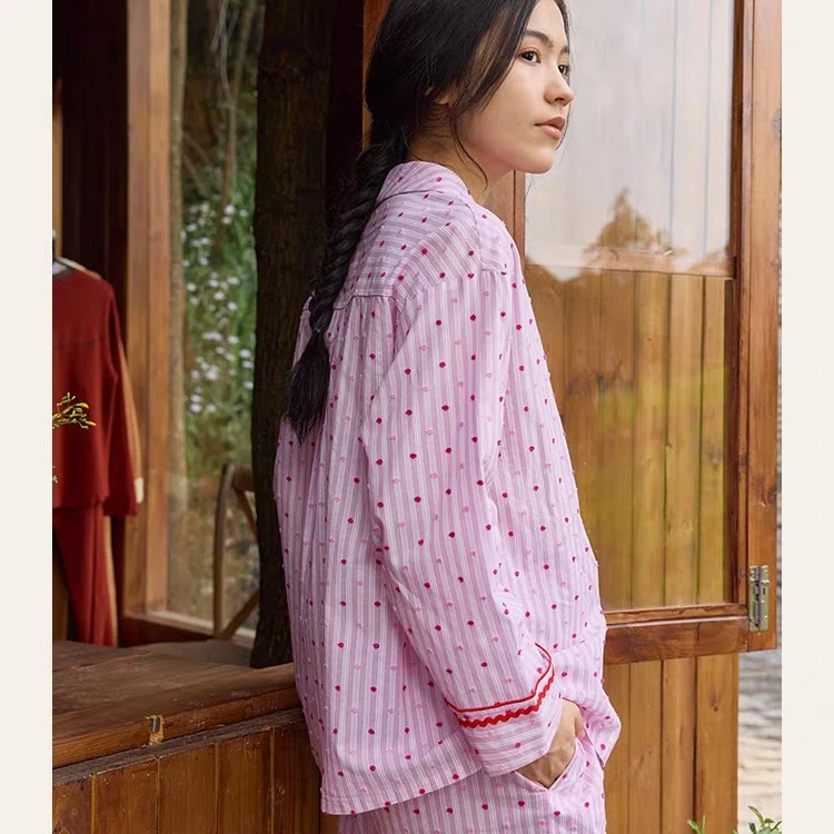 秋冬可外穿女士V领斜襟粉色花边条纹睡衣